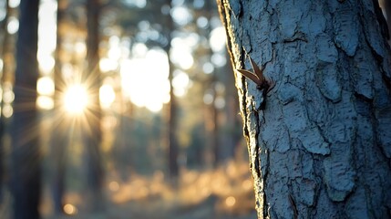 Poster - Sunlight streaming through trees illuminating the rough texture of a pine bark closeup : Generative AI