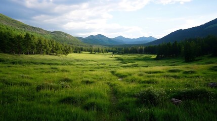 Aufkleber - Beautiful Meadow Landscape Surrounded by Mountains Under a Vast Sky in Daylight : Generative AI