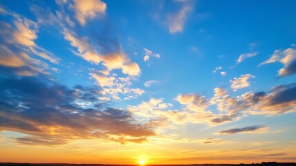 Aufkleber - Stunning sunset over a vast landscape with vibrant clouds and golden sunlight illuminating the horizon : Generative AI