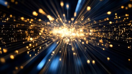 Fototapete - A dynamic burst of golden particles against a dark background illustrating the beauty of light and energy : Generative AI