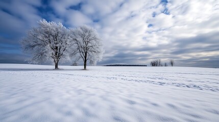 Aufkleber - Serene winter landscape with frosty trees and a snowcovered field under a bright blue cloudy sky : Generative AI