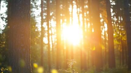 Aufkleber - Sunlight streaming through tall trees in a serene forest creating a magical atmosphere : Generative AI