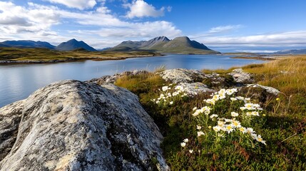 Poster - Breathtaking Natural Landscape with Bright Wildflowers Along Calm Water Surrounded by Mountains : Generative AI