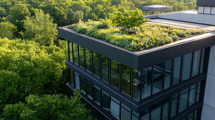 Aufkleber - Luxurious Green Rooftop Garden atop Modern Building Surrounded by Lush Trees in Urban Setting : Generative AI