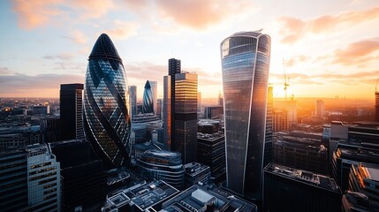 Fototapete - Breathtaking sunset view over a city skyline filled with unique and modern skyscrapers : Generative AI