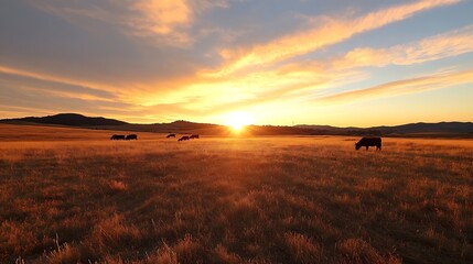 Aufkleber - Stunning countryside sunset with grazing cattle in a golden field landscape : Generative AI