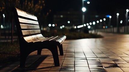 Aufkleber - Nighttime Scene of Empty Park Bench with Reflection on Wet Pavement : Generative AI