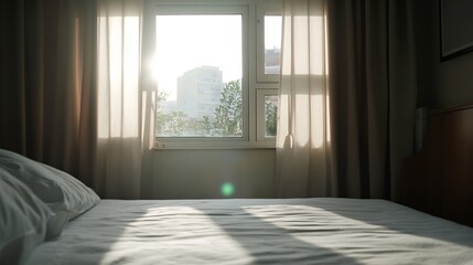 Aufkleber - Sunlight Streaming Through Window of Cozy Bedroom with Soft Bedding and Morning Light : Generative AI