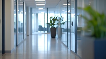 Poster - Bright and airy modern office corridor adorned with greenery and glass panels creating an inviting workspace : Generative AI