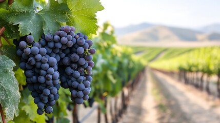 Aufkleber - Vibrant cluster of ripe purple grapes growing in a lush vineyard under clear sunny skies : Generative AI
