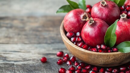 Poster - Fresh ripe pomegranates in a wooden bowl on a rustic wooden table : Generative AI