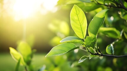 Poster - Close up of vibrant green leaves glowing in sunlight creating a serene nature scene : Generative AI
