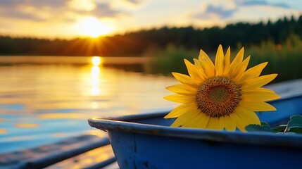 Aufkleber - Vibrant Sunflower in a Boat at Sunset Over a Calm Lake Capturing Natural Beauty and Serenity : Generative AI