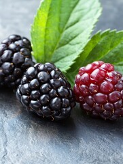 Aufkleber - Fresh and Juicy Blackberries and Raspberries with Green Leaves on a Slate Background : Generative AI