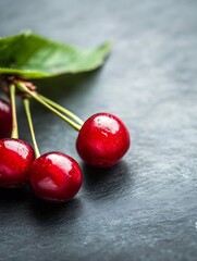 Poster - Juicy fresh cherries with vibrant red color resting on a dark stone surface showcasing their natural beauty : Generative AI