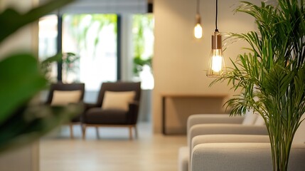 Aufkleber - Cozy and modern living space featuring stylish lighting and lush plants creating a welcoming atmosphere : Generative AI