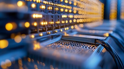 Fototapete - Close up of Data Center Server Cables and LED Lights Brightly Illuminating High Tech Equipment : Generative AI
