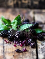 Poster - Juicy blackberries surrounded by fresh mint leaves on rustic wooden table depicting organic food freshness and vibrant colors : Generative AI