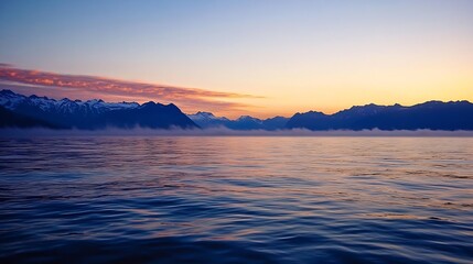 Poster - Tranquil sunset over calm sea with mountains reflecting on the water surface : Generative AI