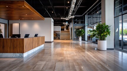 Aufkleber - Modern Reception Area of an Office Building Featuring a Stylish Wooden Desk and Welcoming Atmosphere : Generative AI