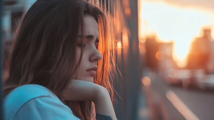 Aufkleber - An emotional portrait of a young girl lost in thought during a glowing sunset in the city : Generative AI