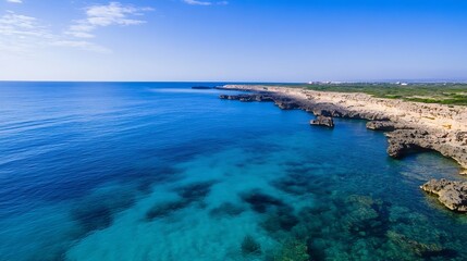 Aufkleber - Breathtaking coastal view showcasing clear blue waters and rocky shorelines under a sunny sky : Generative AI