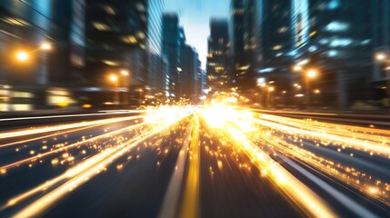Aufkleber - Streaks of Light in a Modern Cityscape at Dusk Captured with Motion Blur : Generative AI