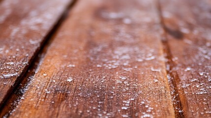 Poster - Textured wooden surface covered with subtle frost layers creating a rustic winter atmosphere : Generative AI