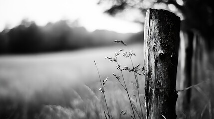 Aufkleber - A closeup of a rustic wooden post in a serene black and white landscape with gentle grass in the foreground : Generative AI