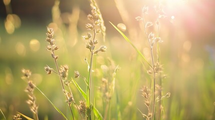 Poster - Glistening wild grass bathed in soft sunlight creating a serene natural atmosphere : Generative AI