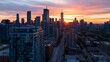 © Generative AI - Breathtaking aerial view of city skyline during sunset with vibrant colors and towering buildings : Generative AI