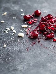 Poster - Juicy and vibrant red berries splattered with sauce on a dark textured surface : Generative AI