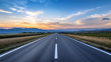 Aufkleber - Scenic Open Highway Leading into a Distant Mountain Range at Sunset : Generative AI