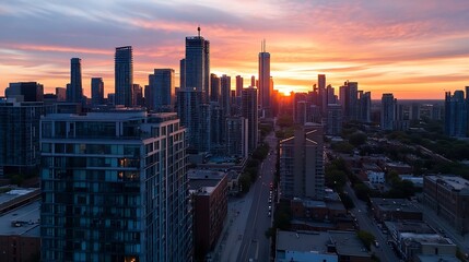 Fototapete - Breathtaking aerial view of city skyline during sunset with vibrant colors and towering buildings : Generative AI