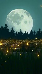 Wall Mural - vertical 9:16 A tranquil meadow glows with thousands of fireflies beneath the moon. The soft light dances across the tall grass and reflects faintly in a nearby stream. Nature ethereal aesthetic