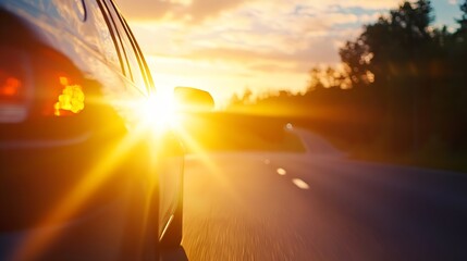 Aufkleber - Beautiful sunset scenery from the perspective of a moving car showcasing sun rays and open road : Generative AI