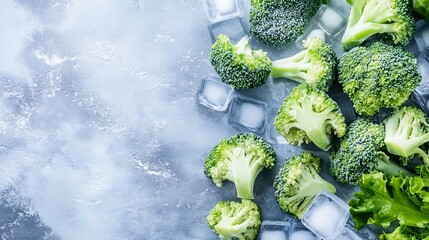 Aufkleber - Fresh green broccoli and lettuce on ice background ready for a healthy meal or cooking preparation : Generative AI