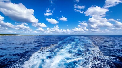 Aufkleber - Scenic view of ocean waves under a bright blue sky with fluffy clouds in a serene beach landscape : Generative AI