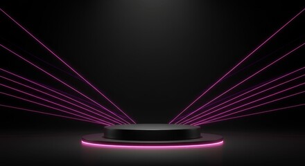 Wall Mural - Modern Black Product Display Stand - Sleek black cylindrical pedestal with pink neon lights, ideal for product showcasing or presentations. Clean, minimalist design