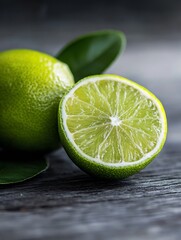Aufkleber - Freshly cut lime halves with vibrant green color set against a wooden background representing freshness : Generative AI
