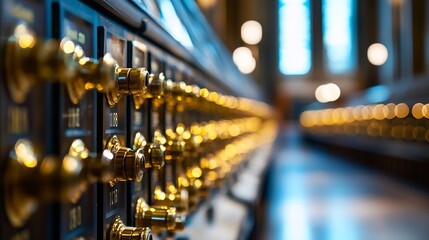 Aufkleber - Golden Knobs and Dials in a Vintage Library Setting with Warm Lighting : Generative AI