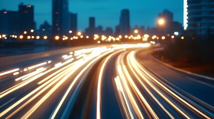 Poster - Streaks of light illuminate a vibrant city highway at dusk showcasing the speed of modern transportation : Generative AI