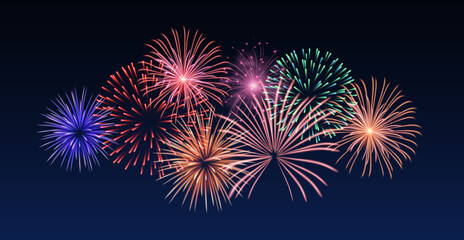 Vector decorative border with colorful exploding fireworks in the sky - celebration card, festival banner	