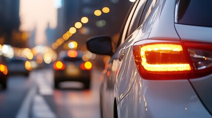 Poster - Urban Evening Scene Featuring a Car with Bright Taillights Illuminating the City Streets : Generative AI