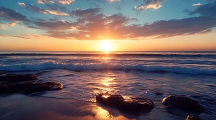 Aufkleber - Golden sunset over gentle ocean waves with rocky shoreline creating a serene coastal view : Generative AI