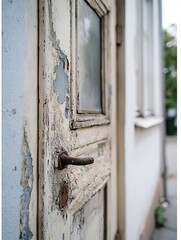 Poster - Close up view of a weathered wooden door handle set against an aged wall surface : Generative AI