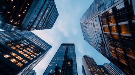 Aufkleber - Stunning upward view of skyscrapers reflecting clouds in a vibrant urban skyline : Generative AI