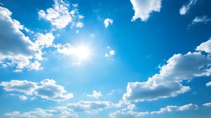 Wall Mural - bright blue sky with white fluffy clouds and radiant sunshine creating a serene atmosphere : generat