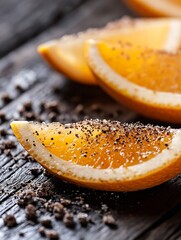 Poster - Closeup of fresh orange slices sprinkled with dark spice on wooden table presenting vibrant colors and textures : Generative AI