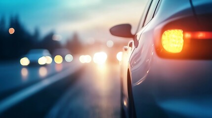 Poster - Car Tail Light Glowing at Dusk with Blurred City Traffic in the Background : Generative AI